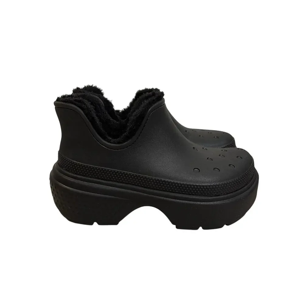 Crocs Boots M9 W11 Black Stomp Shorty Lined Chunky Platform Faux Fur Unisex